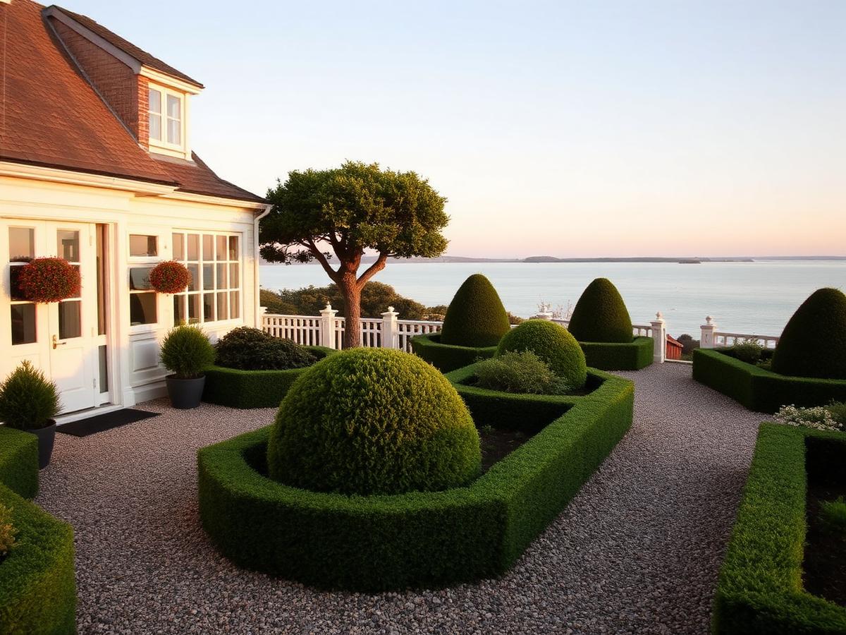Gepflegte Gartenterrasse mit Formgehölzen mit Blick aufs Meer